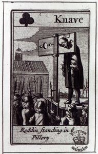De boer van klaveren, uit een kaartspel met betrekking tot het Popish Plot van 1678 en de veroordeling van Nathaniel Reading, 1679